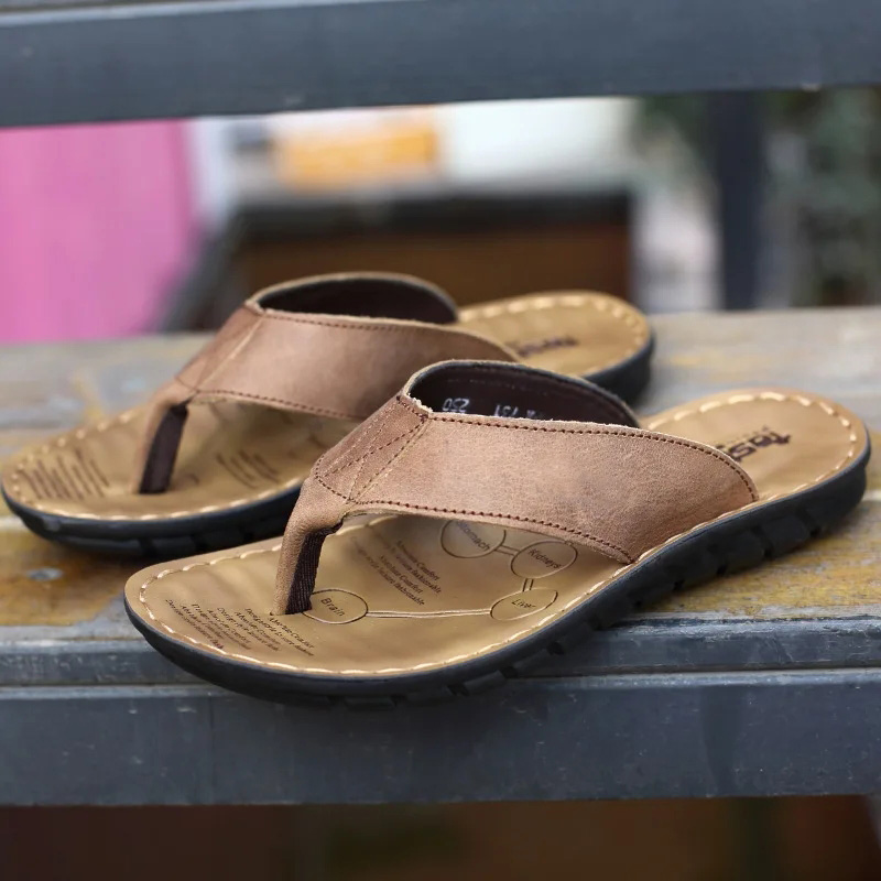 Flip Flop Leather Men - Roma Retro Mann Slipper Einfarbig Clip-Toe